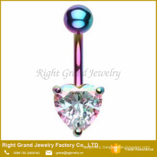 Heart Prong Set Cubic Zircon Surgical Steel Rainbow Plated Belly Button Ring